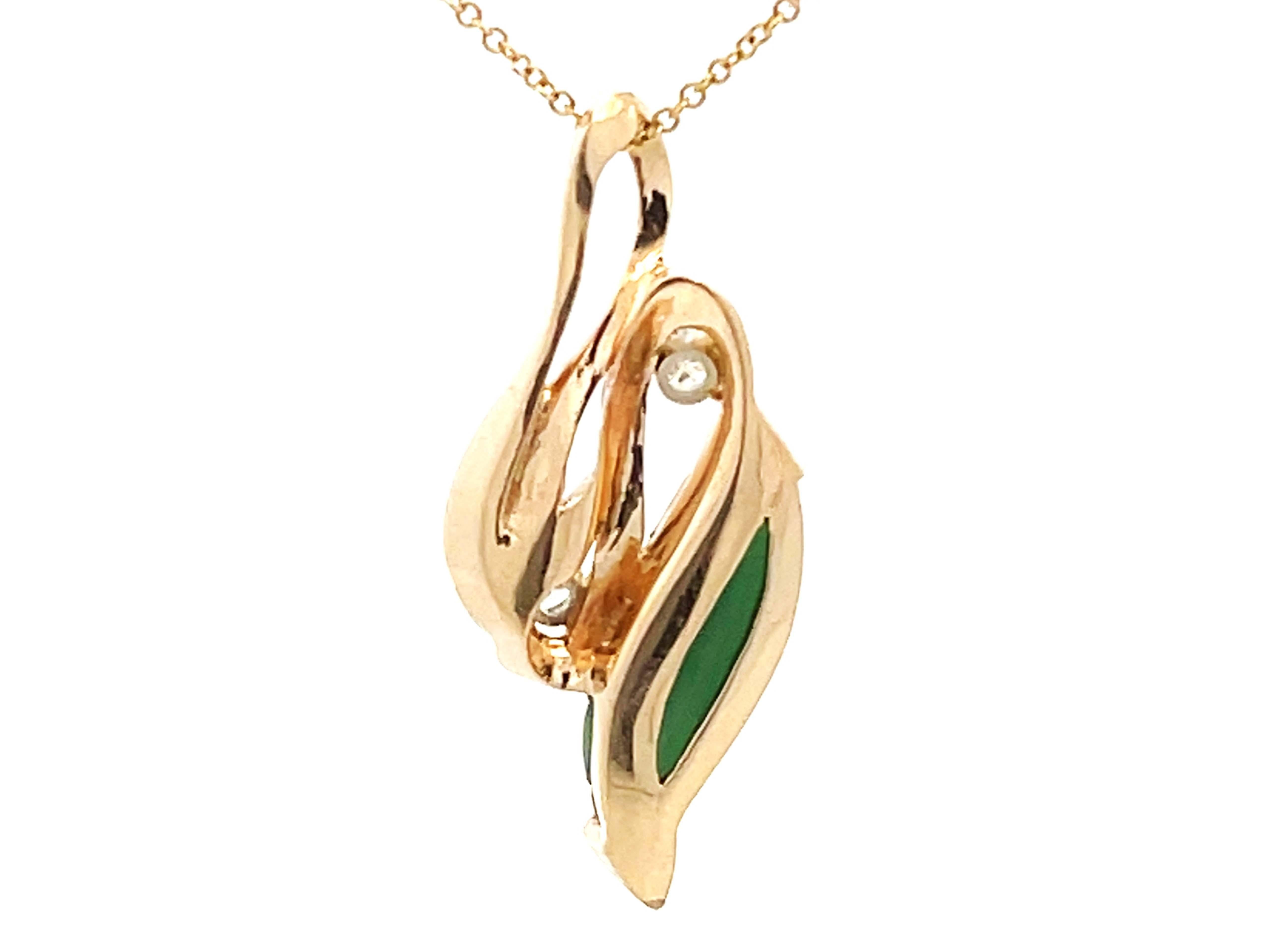 Green Agate Leaf and Diamond Necklace 14K Yellow Gold For Sale 1