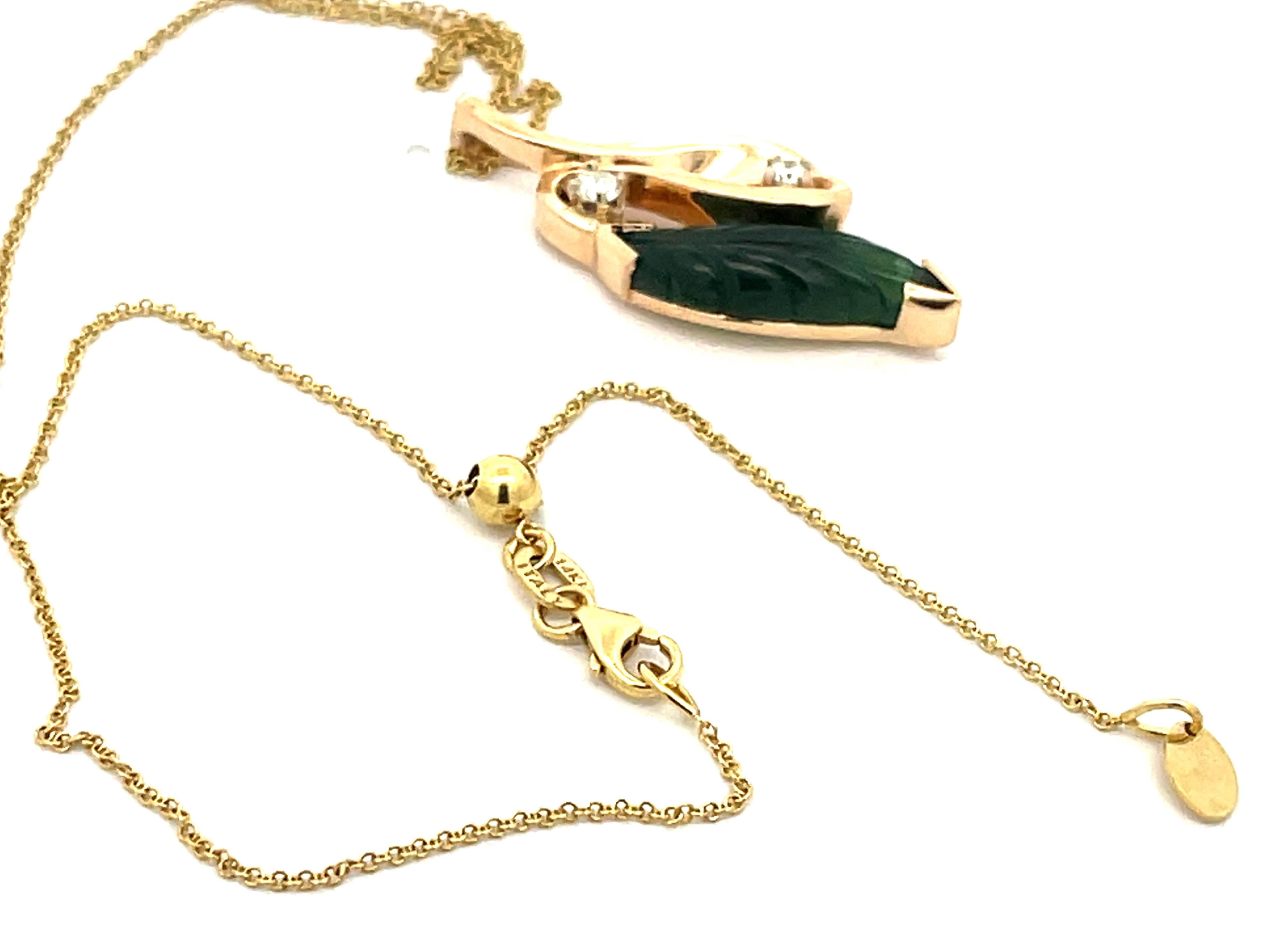 Green Agate Leaf and Diamond Necklace 14K Yellow Gold For Sale 2