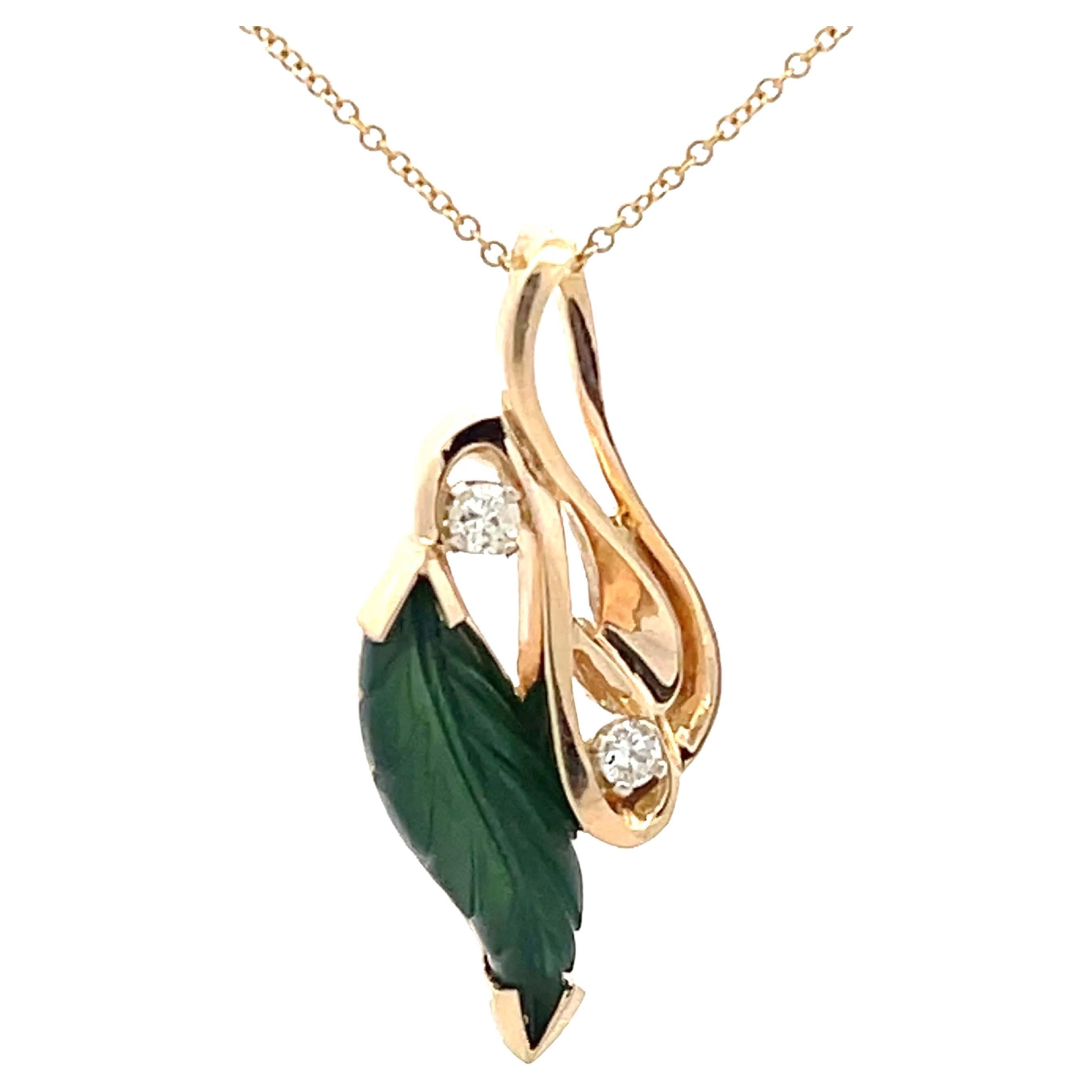 Green Agate Leaf and Diamond Necklace 14K Yellow Gold For Sale