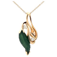 Green Agate Leaf and Diamond Necklace 14K Yellow Gold