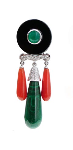 Green Agate, Malakite, Onyx, Coral, Diamonds, Platinum and Gold Dangle Earrings.