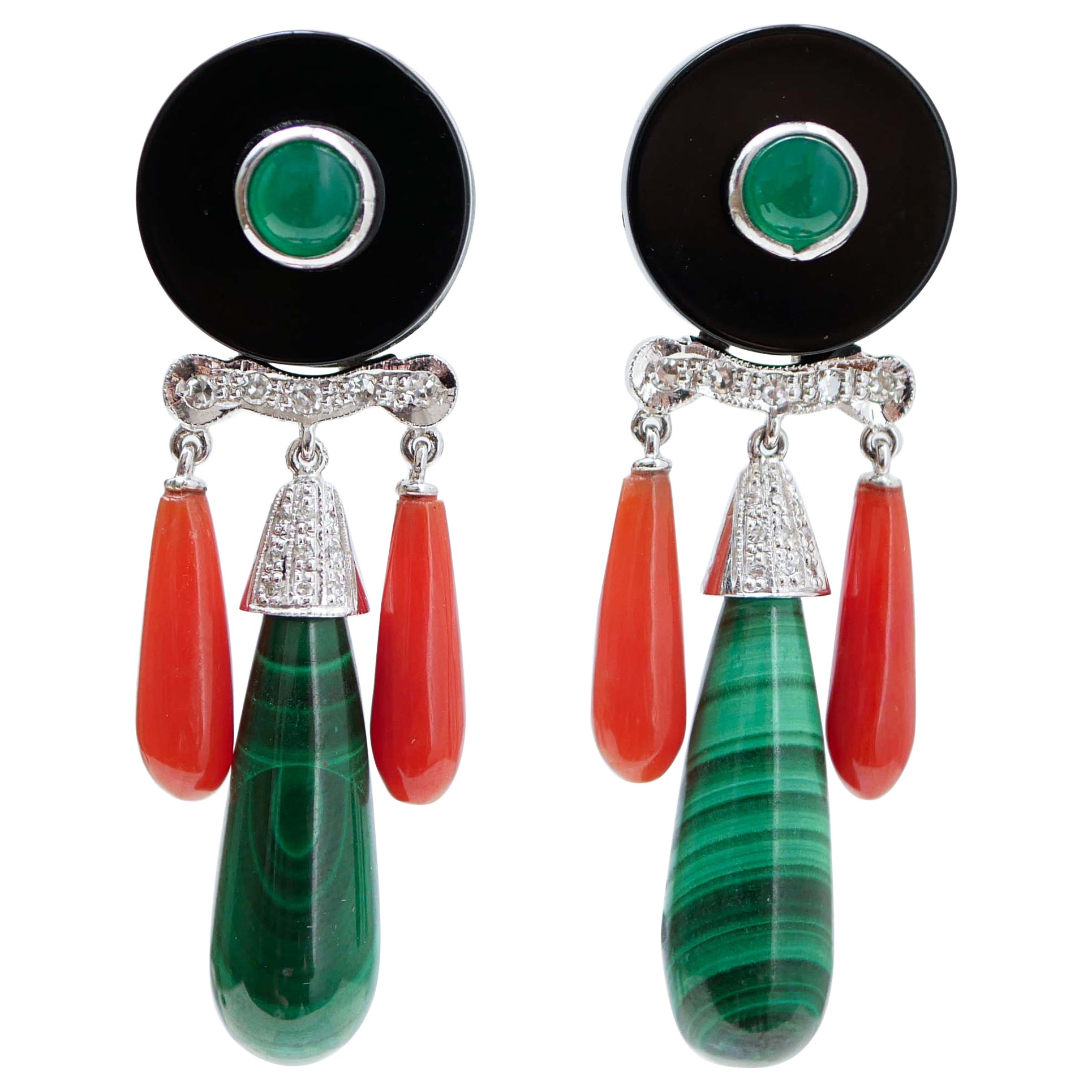 Green Agate, Malakite, Onyx, Coral, Diamonds, Platinum and Gold Dangle Earrings. For Sale