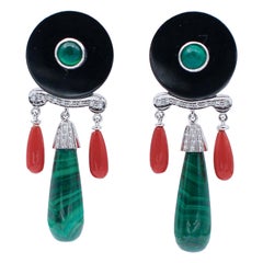 Green Agate, Malakite, Onyx, Coral, Diamonds, Platinum Dangle Earrings