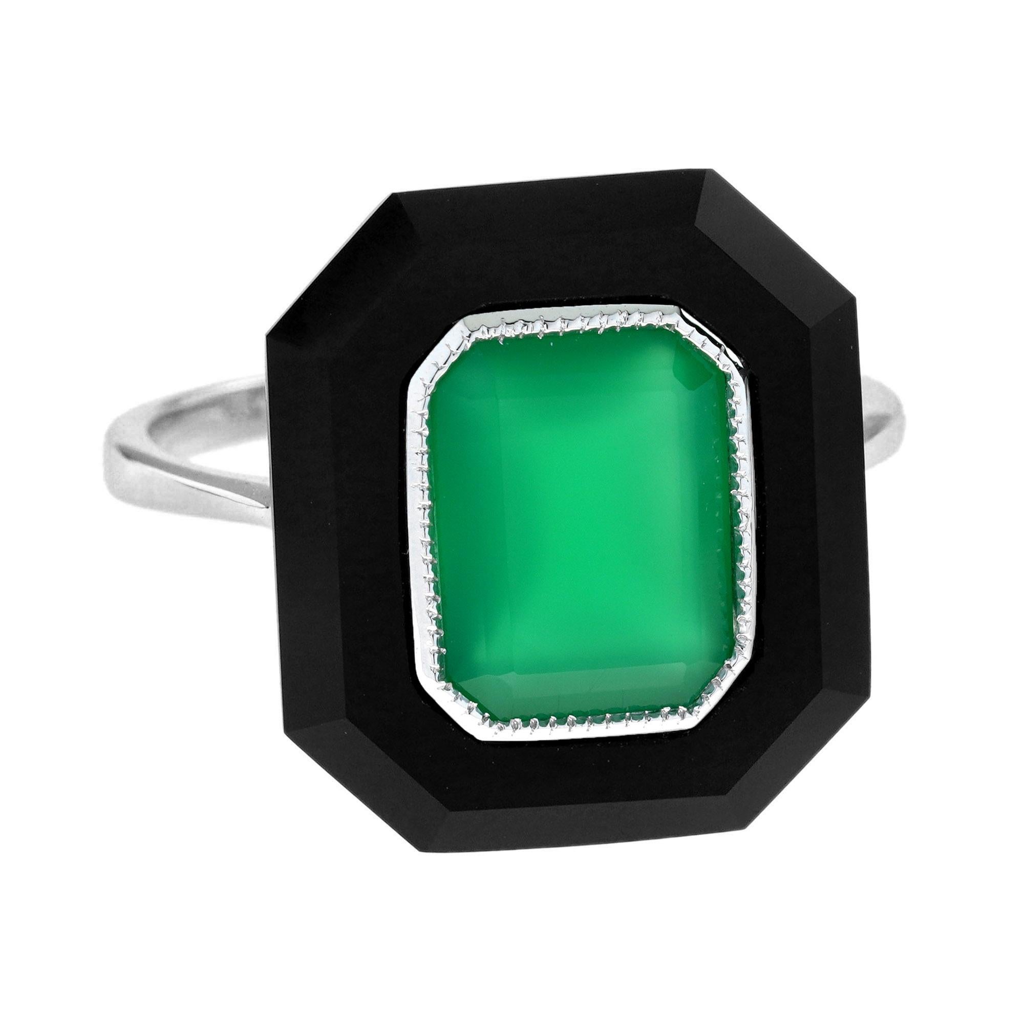 Emerald Cut Green Agate Onyx Art Deco Style Hexagon Cocktail Ring in 9K White Gold For Sale