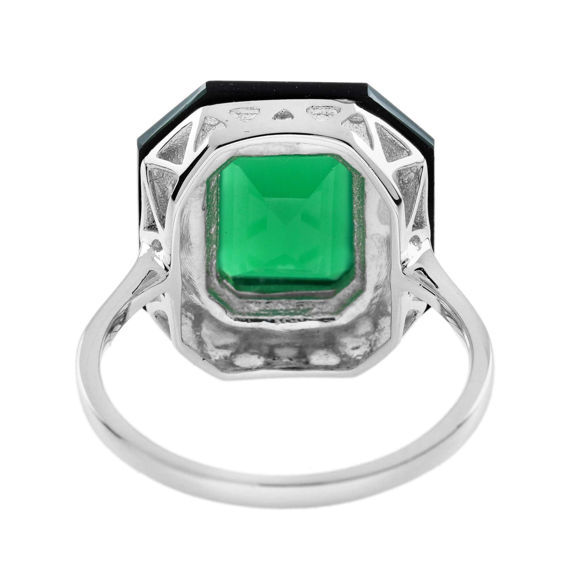 Women's Green Agate Onyx Art Deco Style Hexagon Cocktail Ring in 9K White Gold For Sale