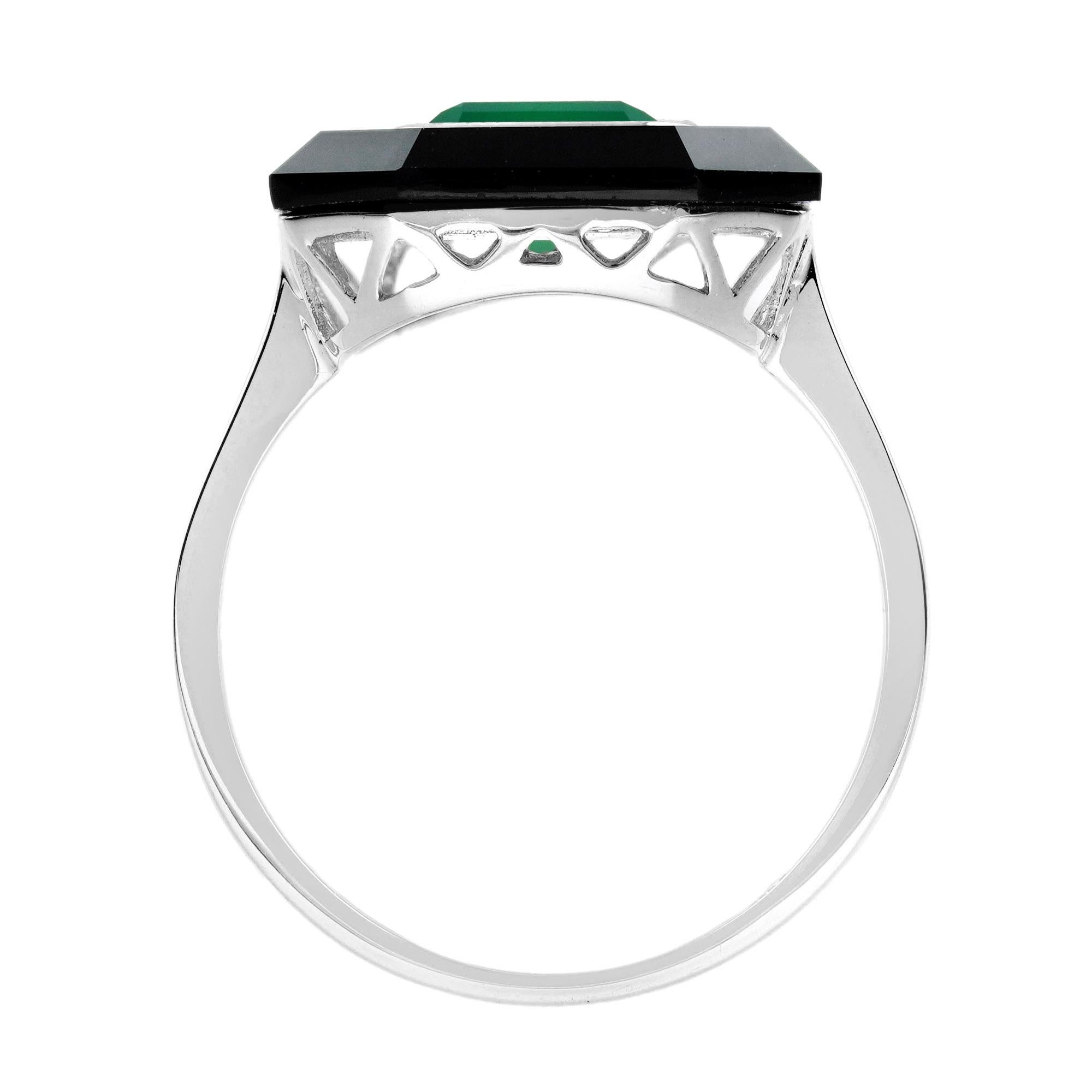 Green Agate Onyx Art Deco Style Hexagon Cocktail Ring in 9K White Gold For Sale 1