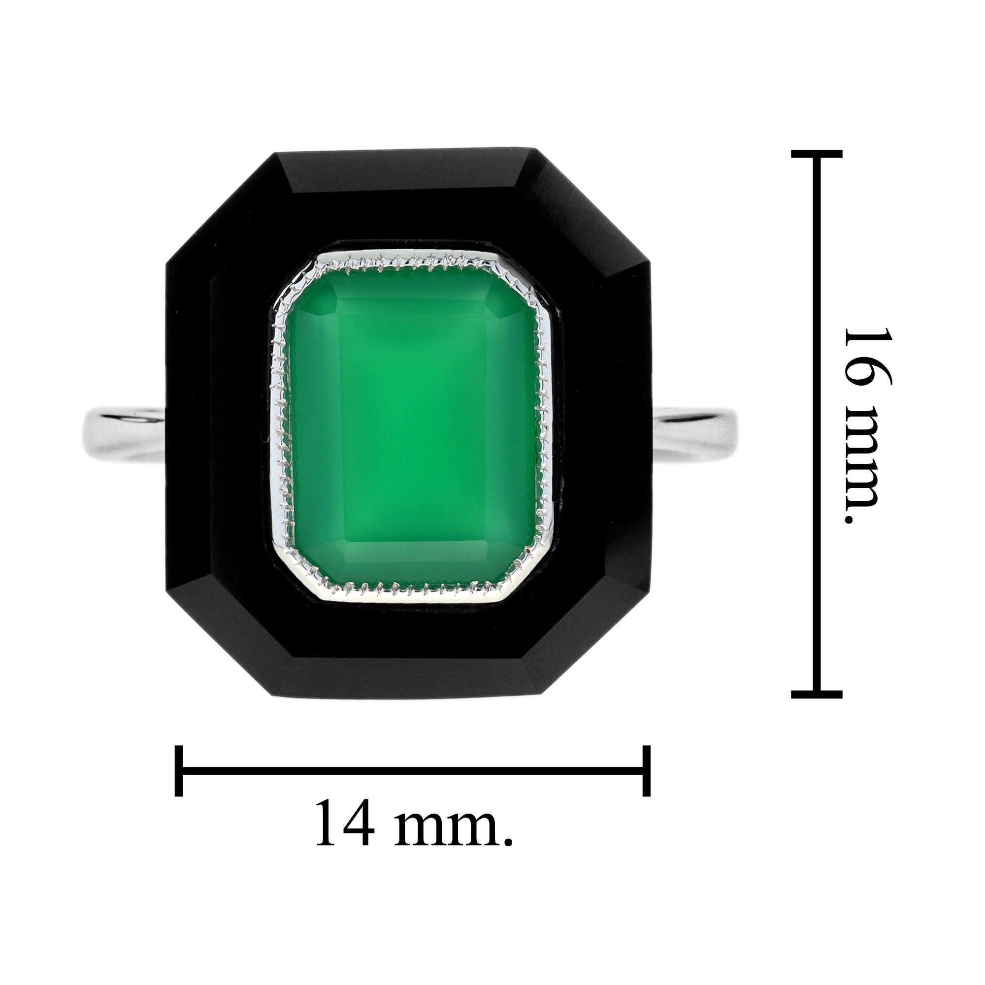 Green Agate Onyx Art Deco Style Hexagon Cocktail Ring in 9K White Gold For Sale 2