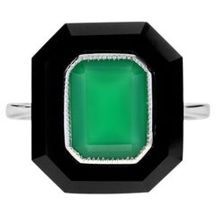 Bague cocktail hexagonale de style Art déco en or blanc 9 carats, agate verte et onyx