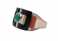Green Agate, Onyx, Coral, Diamonds, 18 Karat Rose Gold Ring
