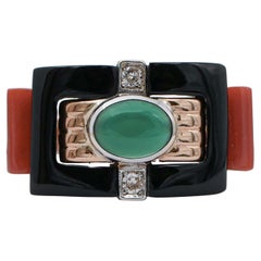 Green Agate, Onyx, Coral, Diamonds, 18 Karat Rose Gold Ring