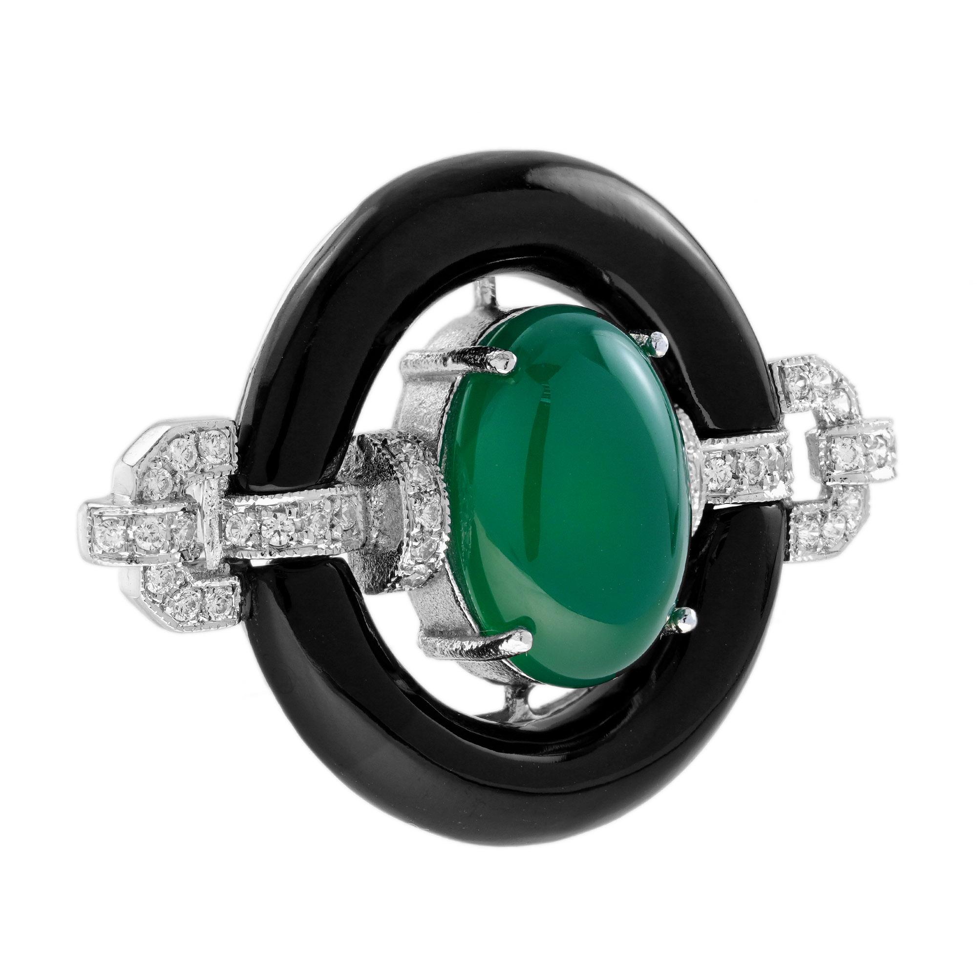 Oval Cut Green Agate Onyx Diamond Art Deco Style Brooch in 14K White Gold For Sale