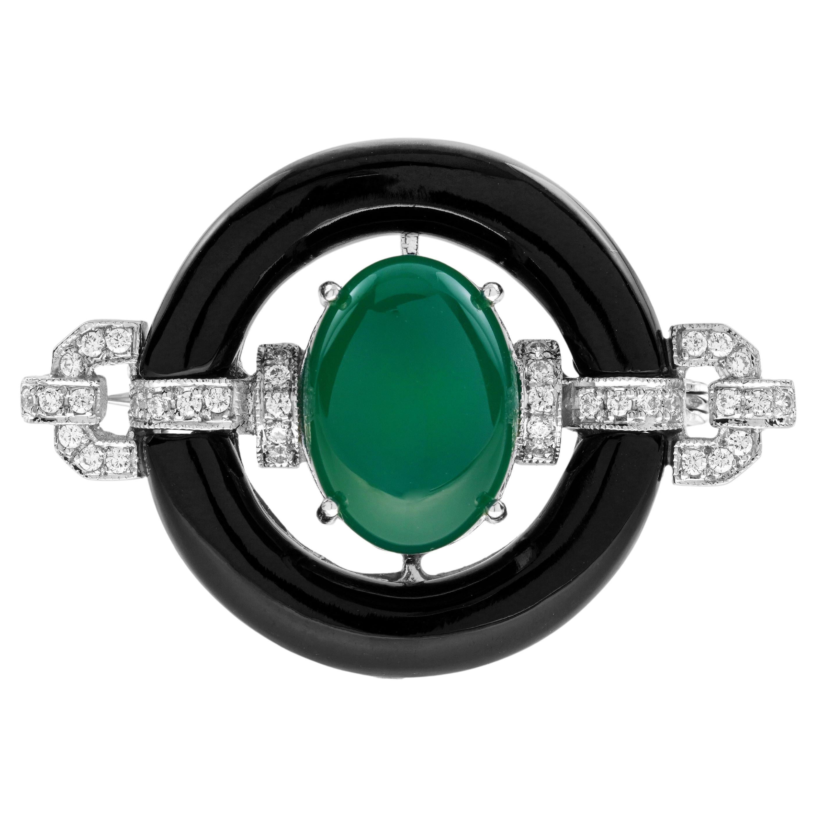 Green Agate Onyx Diamond Art Deco Style Brooch in 14K White Gold For Sale