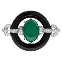 Green Agate Onyx Diamond Art Deco Style Brooch in 14K White Gold