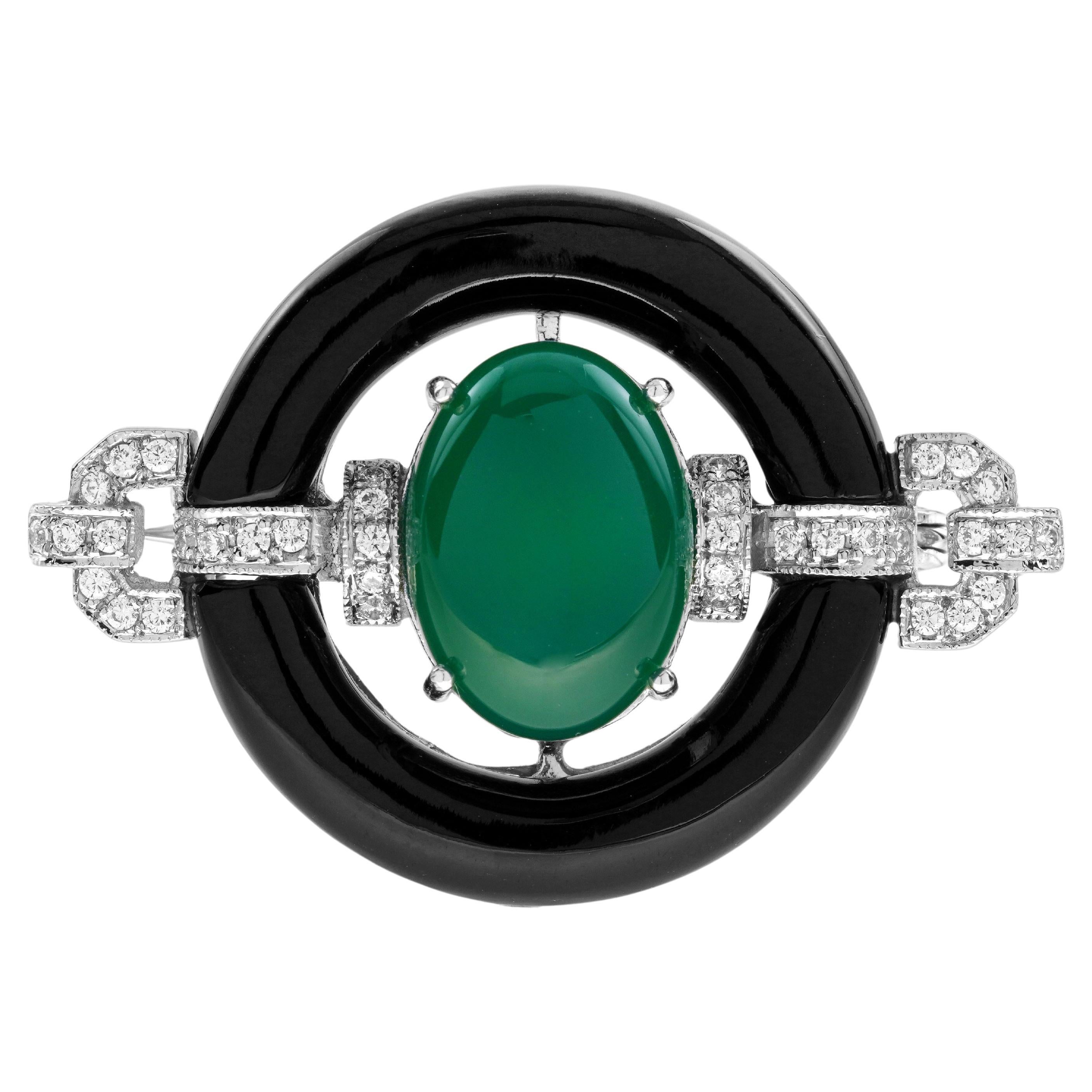 Brosche aus 14 Karat Weißgold mit grünem Achat, Onyx und Diamant im Art-déco-Stil