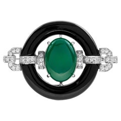 Broche de style Art déco en or blanc 14 carats, agate verte, onyx et diamants