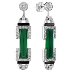 Green Agate Onyx Diamond Art Deco Style Drop 14K White Gold Drop Earrings
