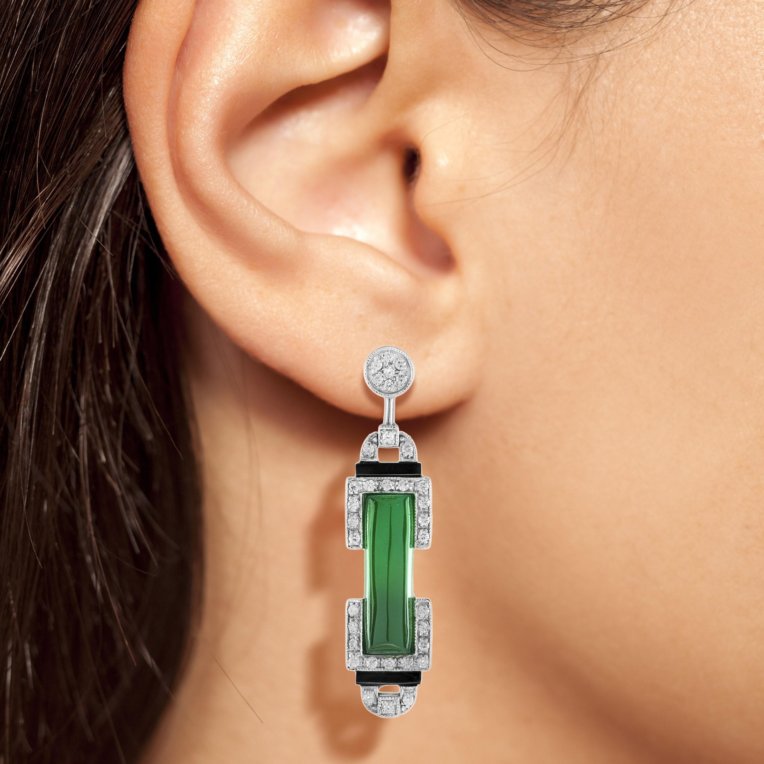 Green Agate Onyx Diamond Art Deco Style Drop Earrings in 18K White Gold For Sale 1