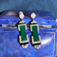 Green Agate Onyx Diamond Art Deco Style Drop Earrings in 18K White Gold