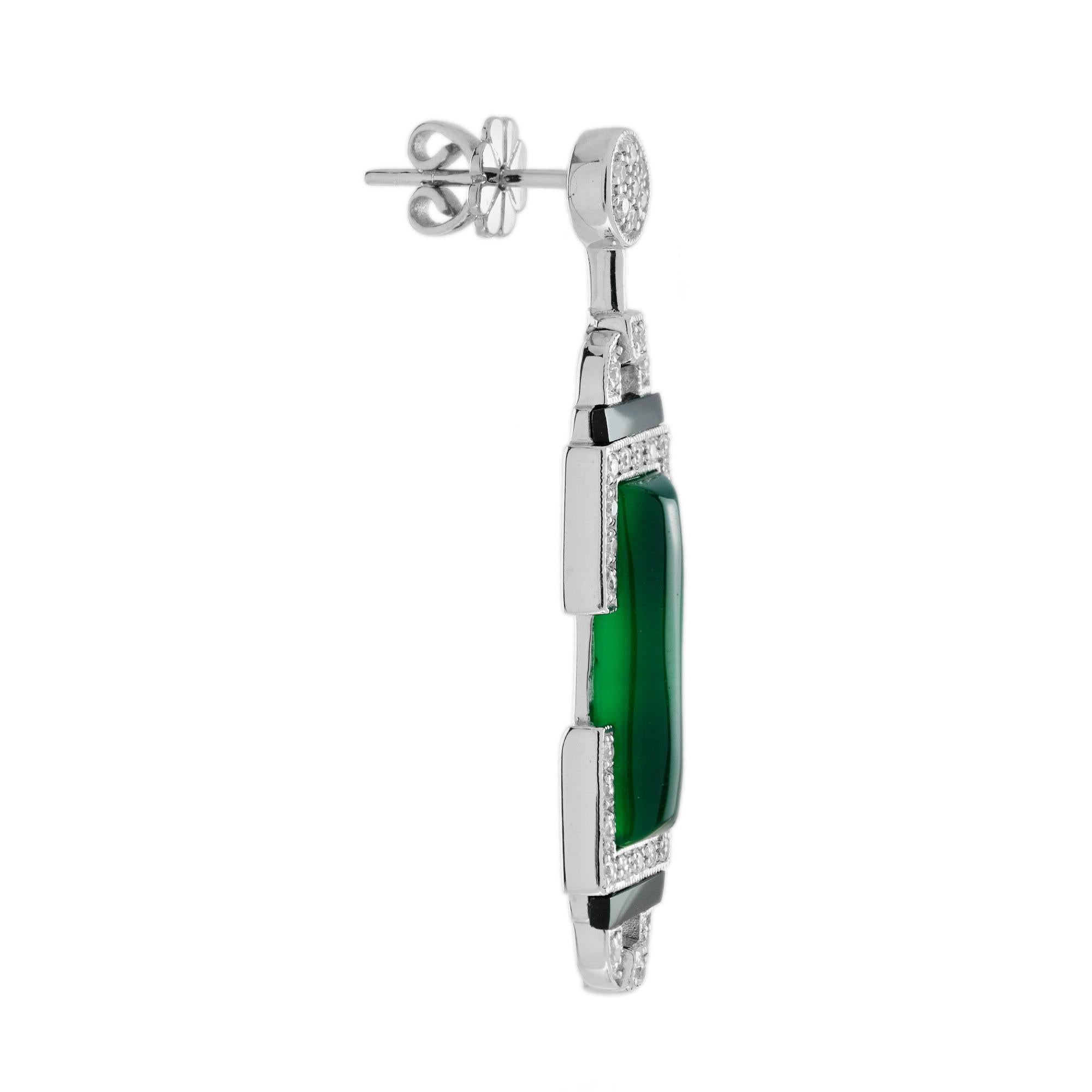 Square Cut Green Agate Onyx Diamond Art Deco Style Drop Earrings in 18K White Gold For Sale