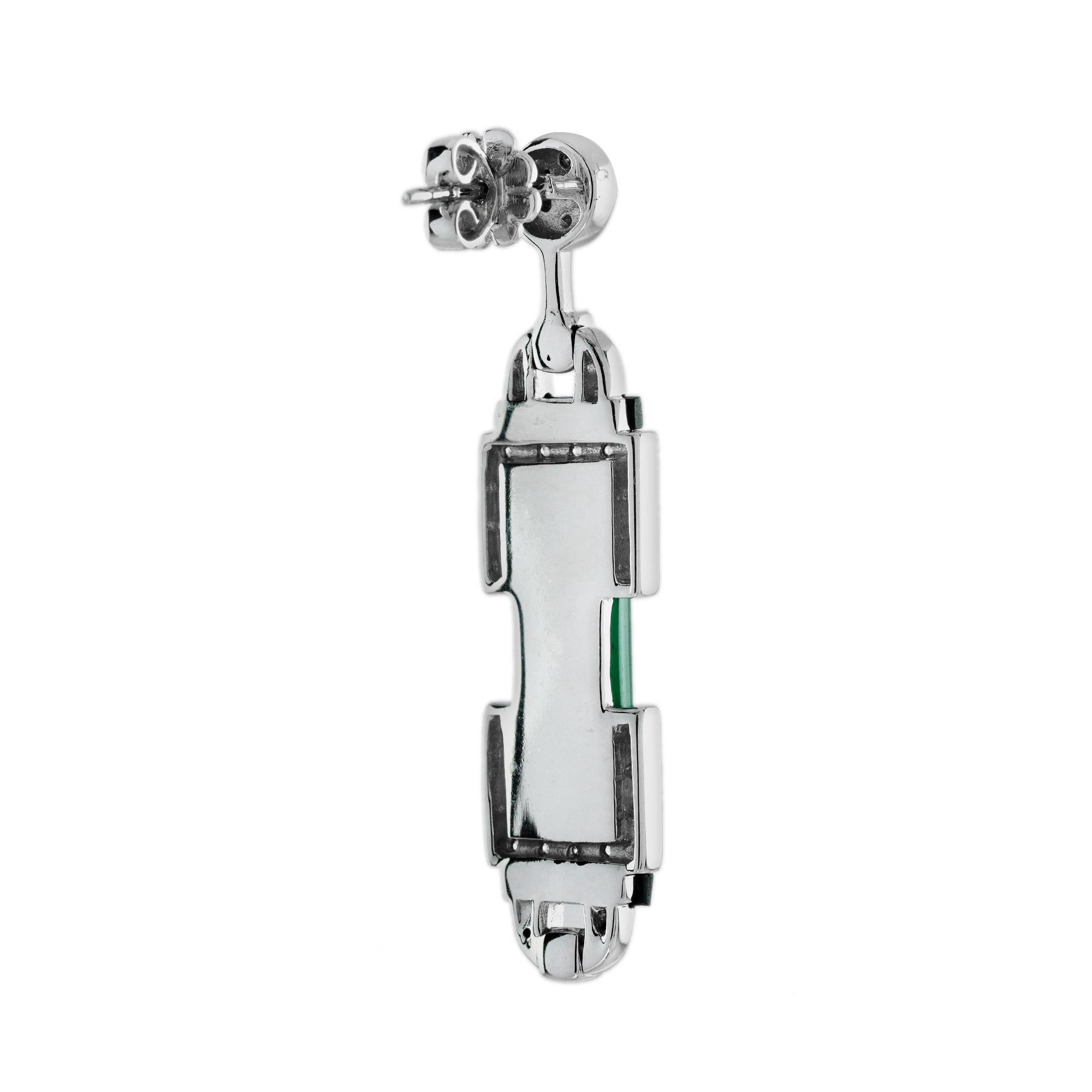 Green Agate Onyx Diamond Art Deco Style Drop Earrings in 18K White Gold In New Condition For Sale In Bangkok, TH