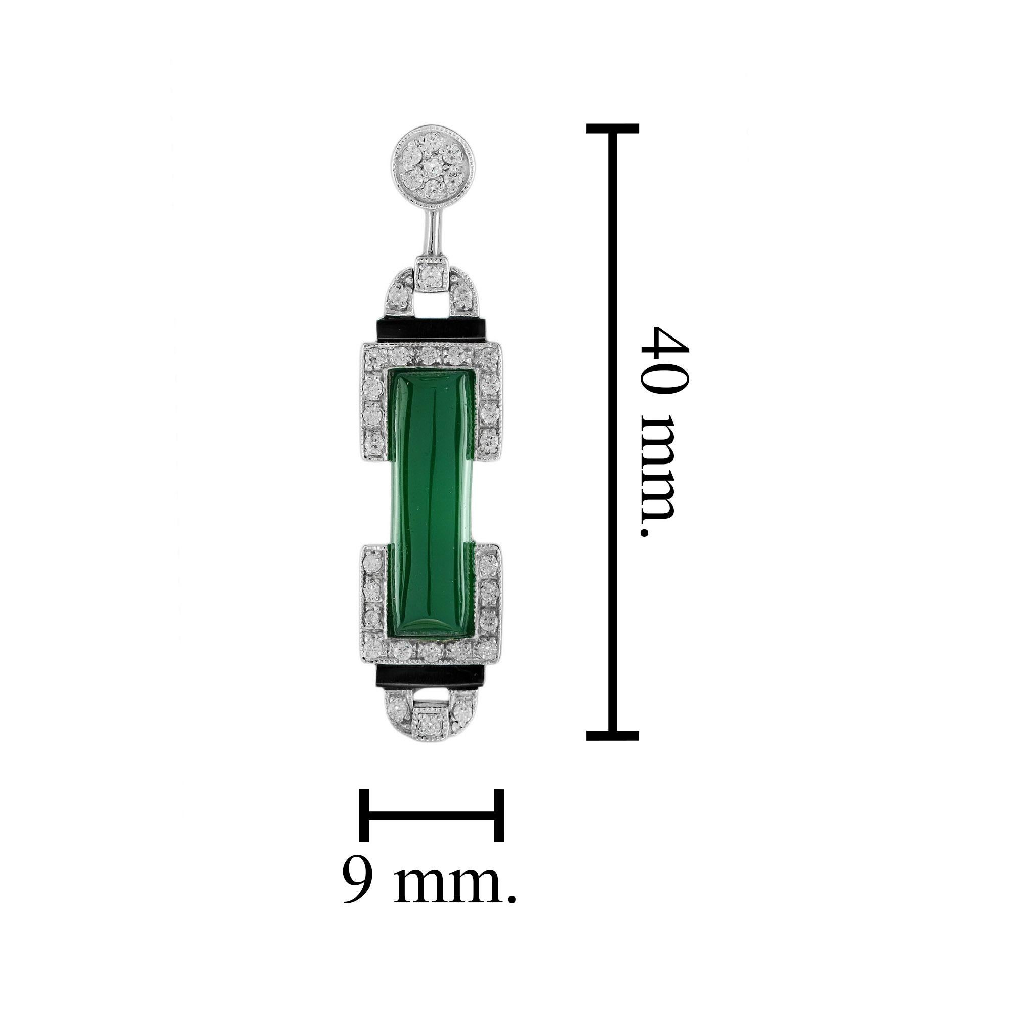 Women's Green Agate Onyx Diamond Art Deco Style Drop Earrings in 18K White Gold For Sale