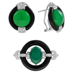Green Agate Onyx Diamond Art Deco Style Jewelry Set in 14K White Gold