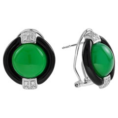 Green Agate Onyx Diamond Art Deco Style Omega Earrings in 18K White Gold