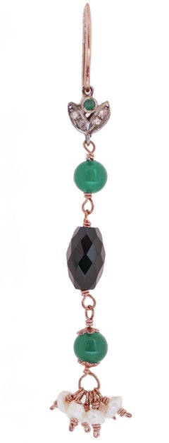 Green Agate, Onyx, Emeralds, Diamonds, Pearls, Rose Gold and Silver Earrings.