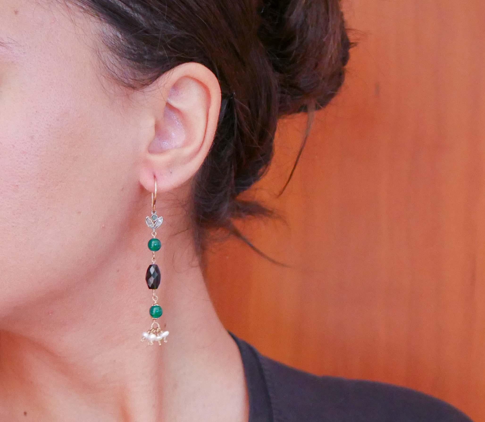 Retro Green Agate, Onyx, Emeralds, Diamonds, Pearls, Rose Gold and Silver Earrings. For Sale