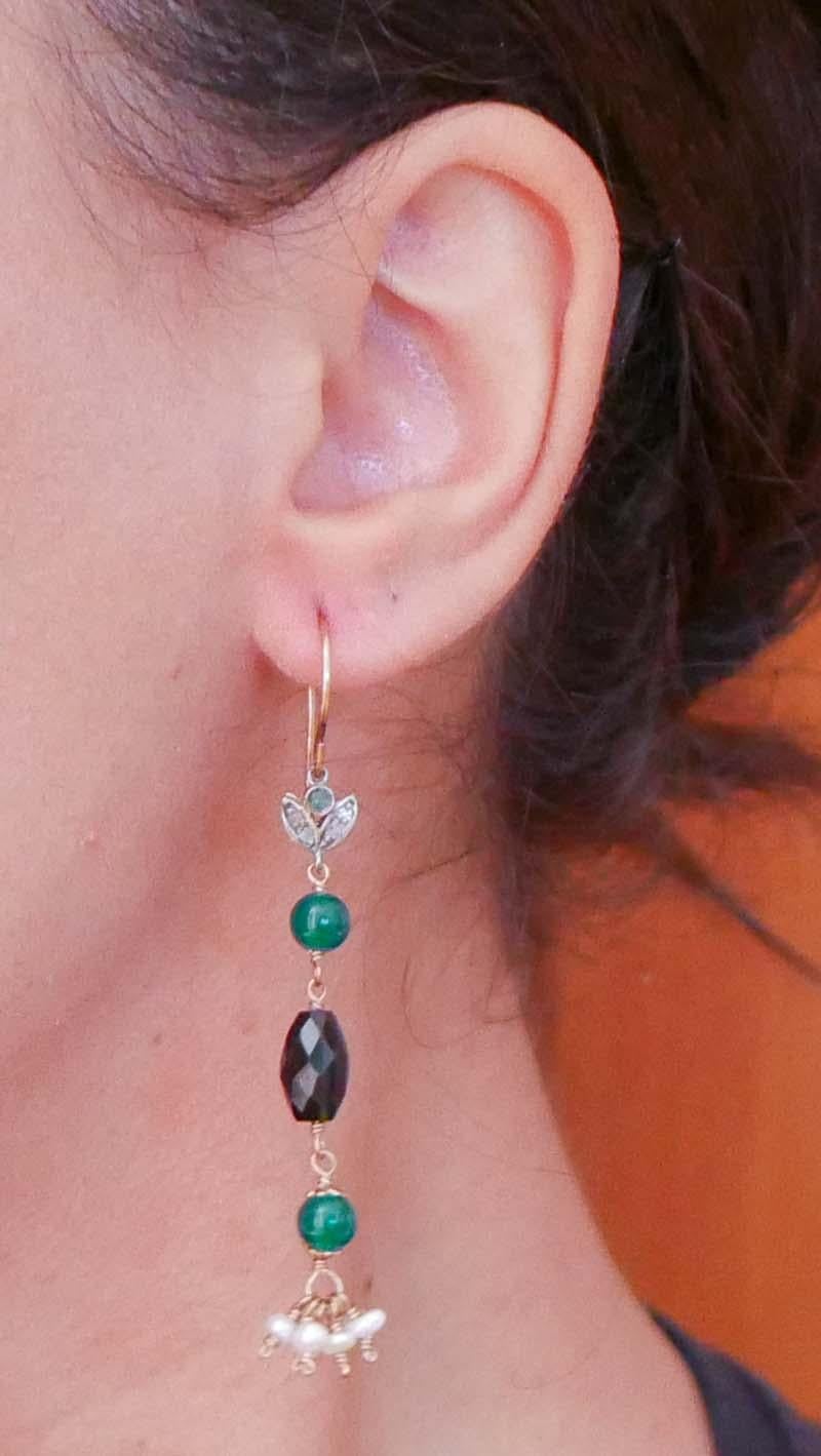 Mixed Cut Green Agate, Onyx, Emeralds, Diamonds, Pearls, Rose Gold and Silver Earrings. For Sale