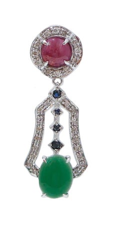 Green Agate, Rubies, Sapphires, Diamonds, White Gold Earrings.
