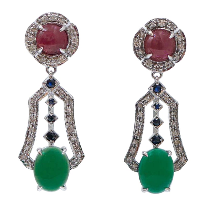 Green Agate, Rubies, Sapphires, Diamonds, White Gold Earrings. For Sale