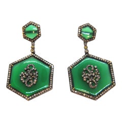 Green Agate Talisman 18 Karat Gold and Silver Dangle Earrings