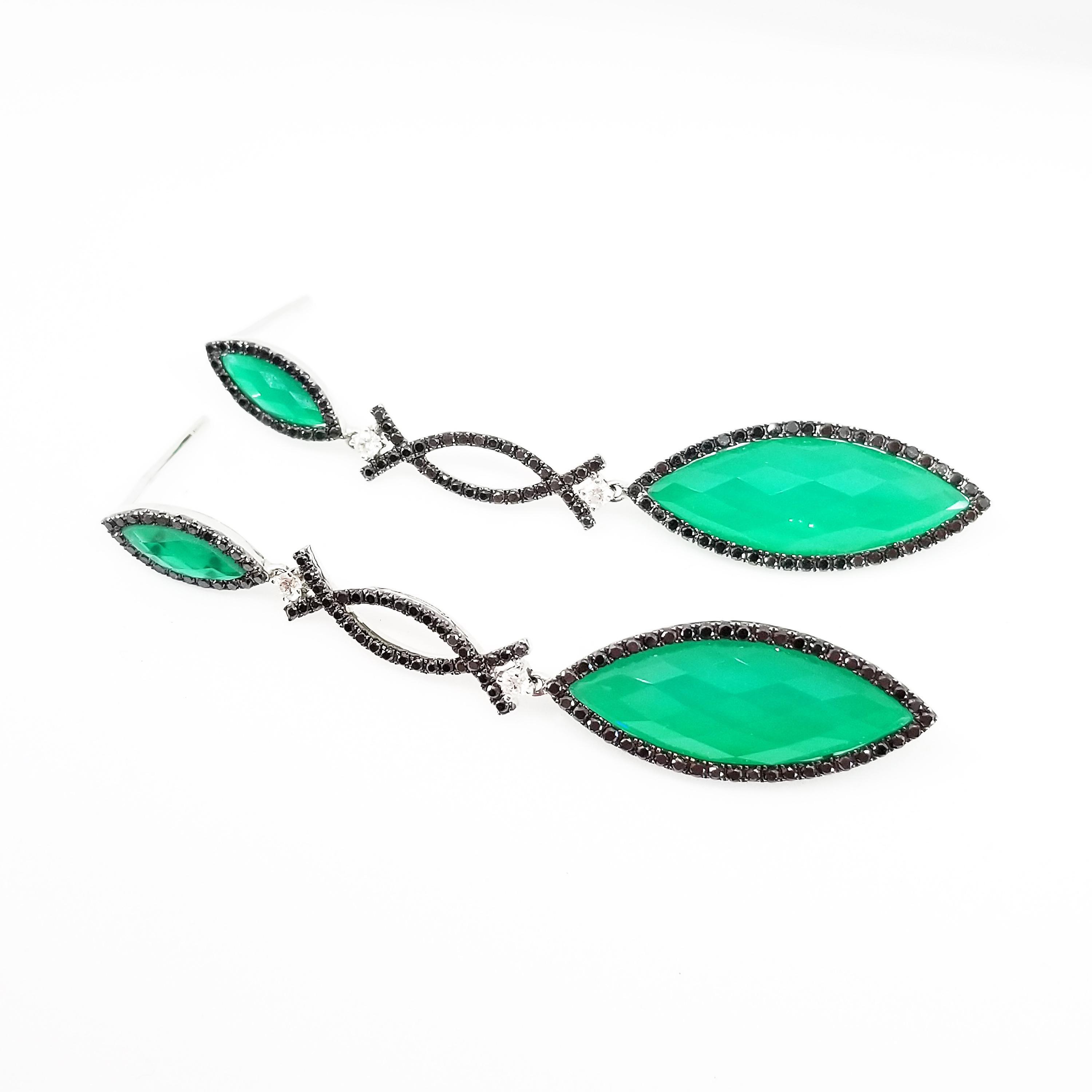 Brilliant Green Agate Drop Earrings in 18 Karat White Gold. The richly contrasting Dangle Earrings feature Elongated Marquise Green Agates, painstakingly faced with Rose Cut Faceted, Clear White Topaz for Light Catching Sparkle and beautiful