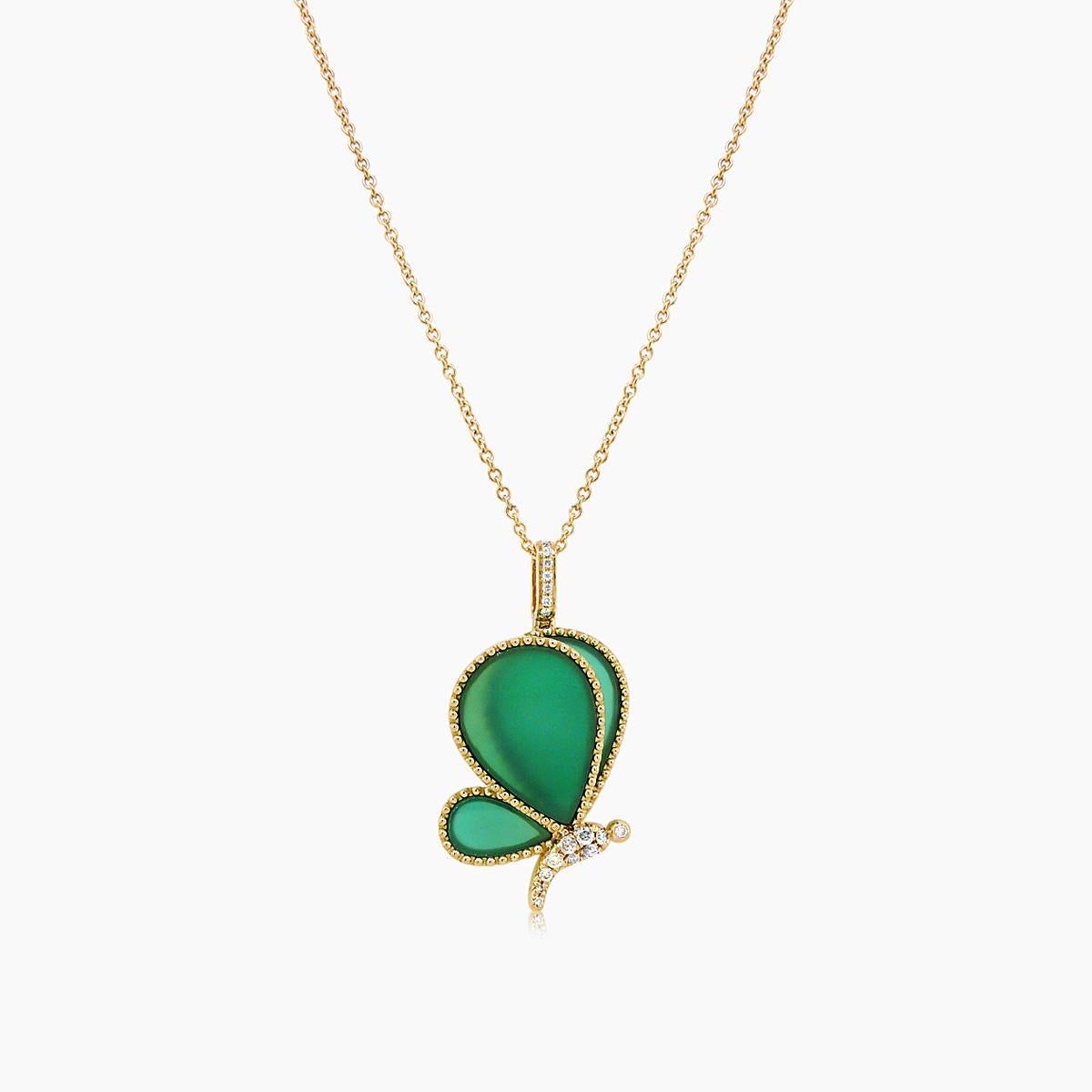 Mixed Cut Green Agate Wings & Diamonds Butterfly Fantasy 18K Yellow Gold Pendant Necklace For Sale