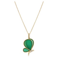 Green Agate Wings & Diamonds Butterfly Fantasy 18K Yellow Gold Pendant Necklace