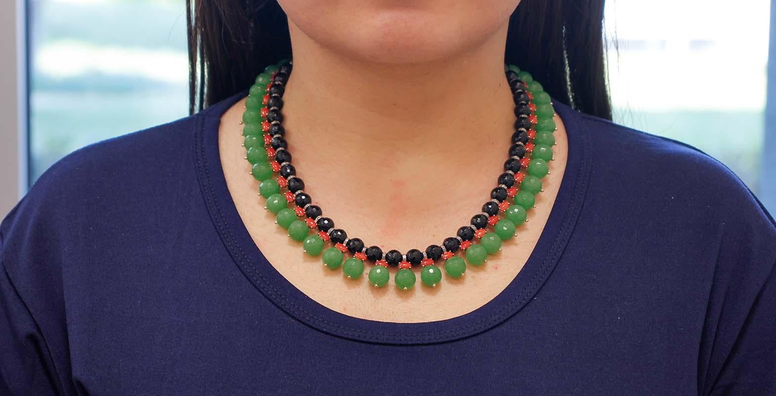 Green Agate, Coral, Diamonds, Onyx, 9 Karat Rose Gold and Silver Necklace In New Condition For Sale In Marcianise, Marcianise (CE)