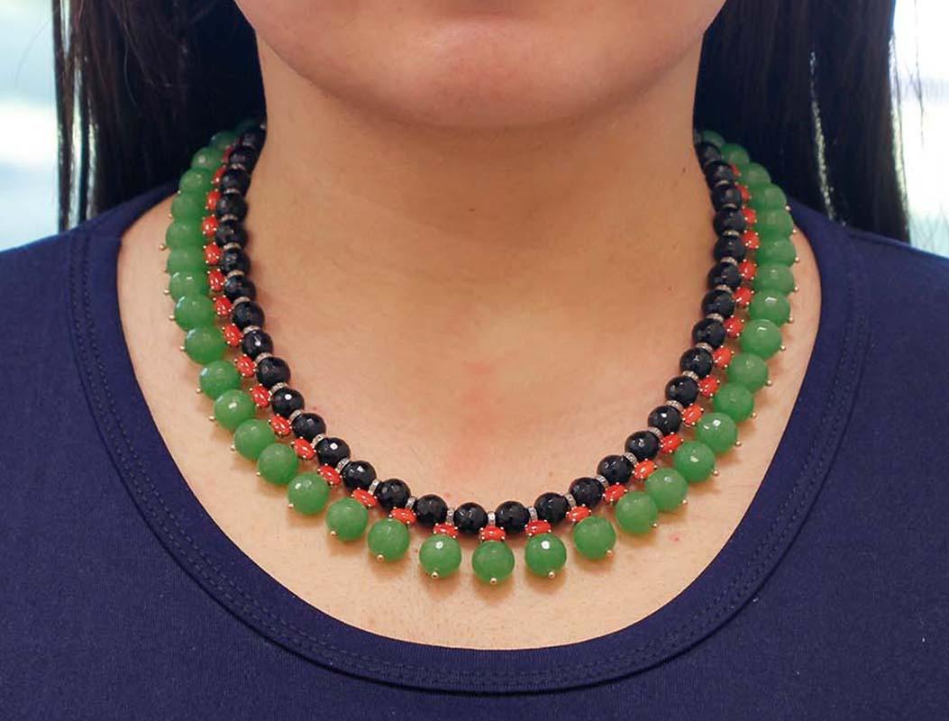 Women's Green Agate, Coral, Diamonds, Onyx, 9 Karat Rose Gold and Silver Necklace For Sale