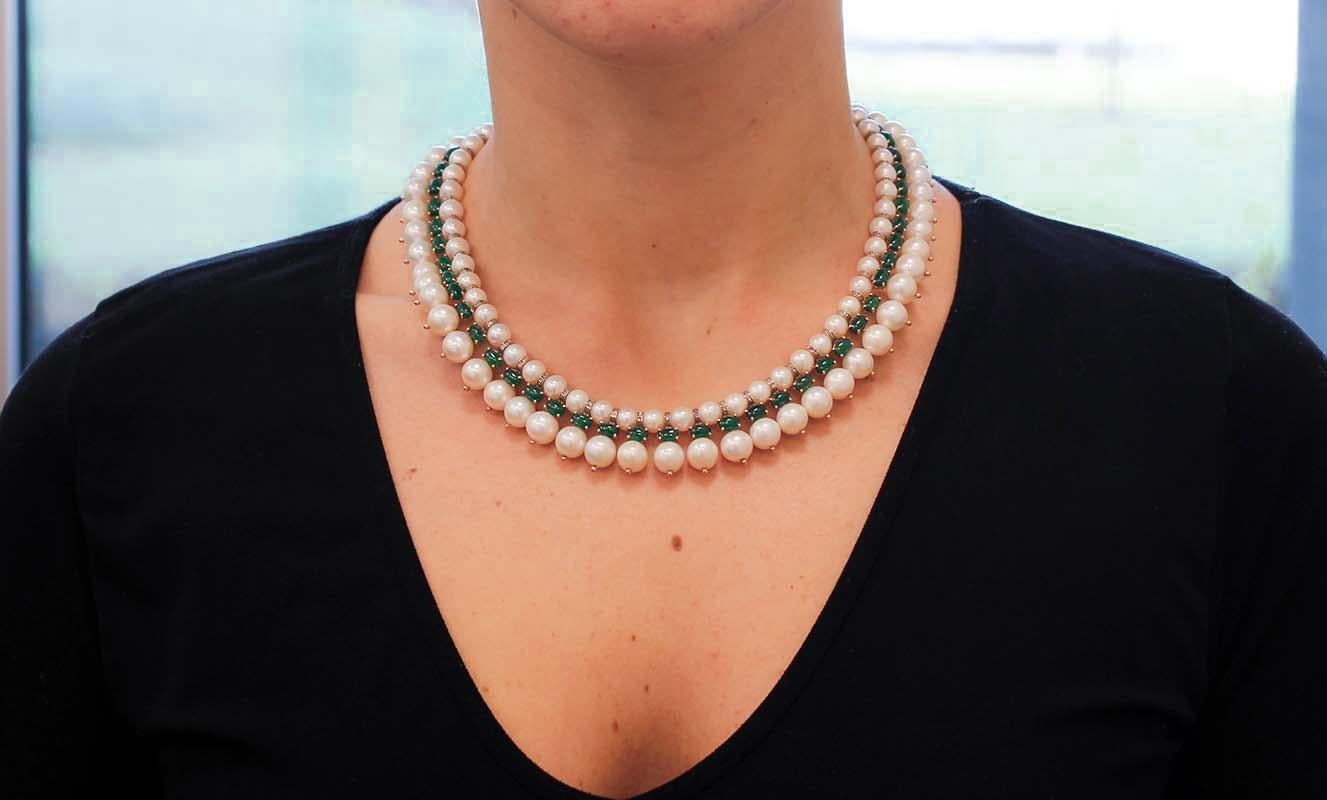 Green Agate, Diamonds, White Pearls, 9Kt Rose Gold and Silver Retrò Necklace In New Condition In Marcianise, Marcianise (CE)