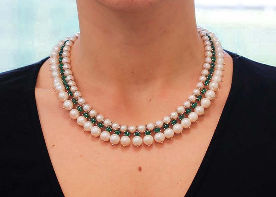 Women's Green Agate, Diamonds, White Pearls, 9Kt Rose Gold and Silver Retrò Necklace