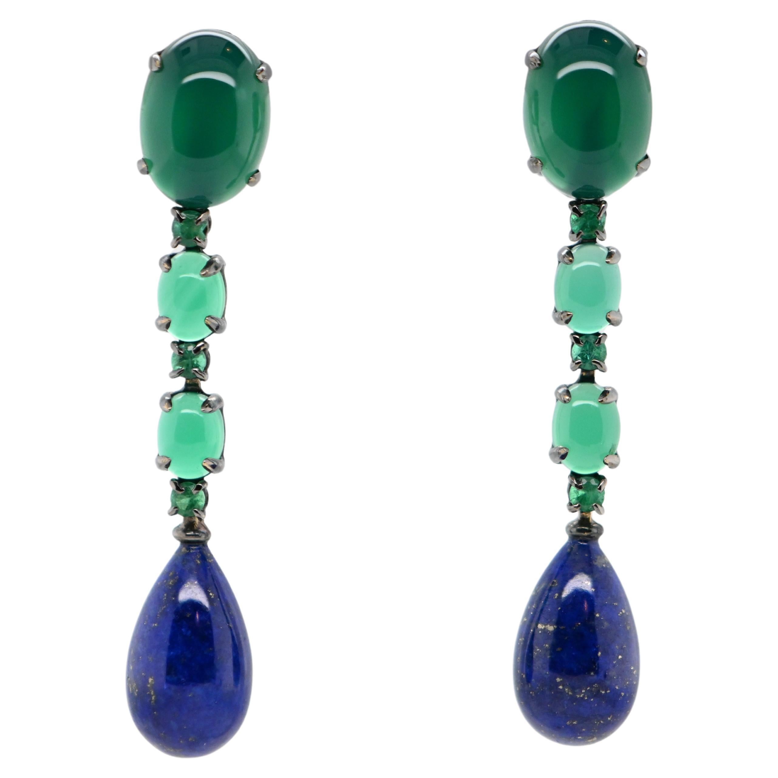 Boucles d'oreilles chandelier Agates vertes Lapis Lazuli Or gris 18 carats  en vente