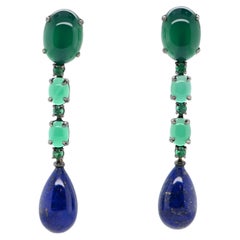 Boucles d'oreilles chandelier Agates vertes Lapis Lazuli Or gris 18 carats 