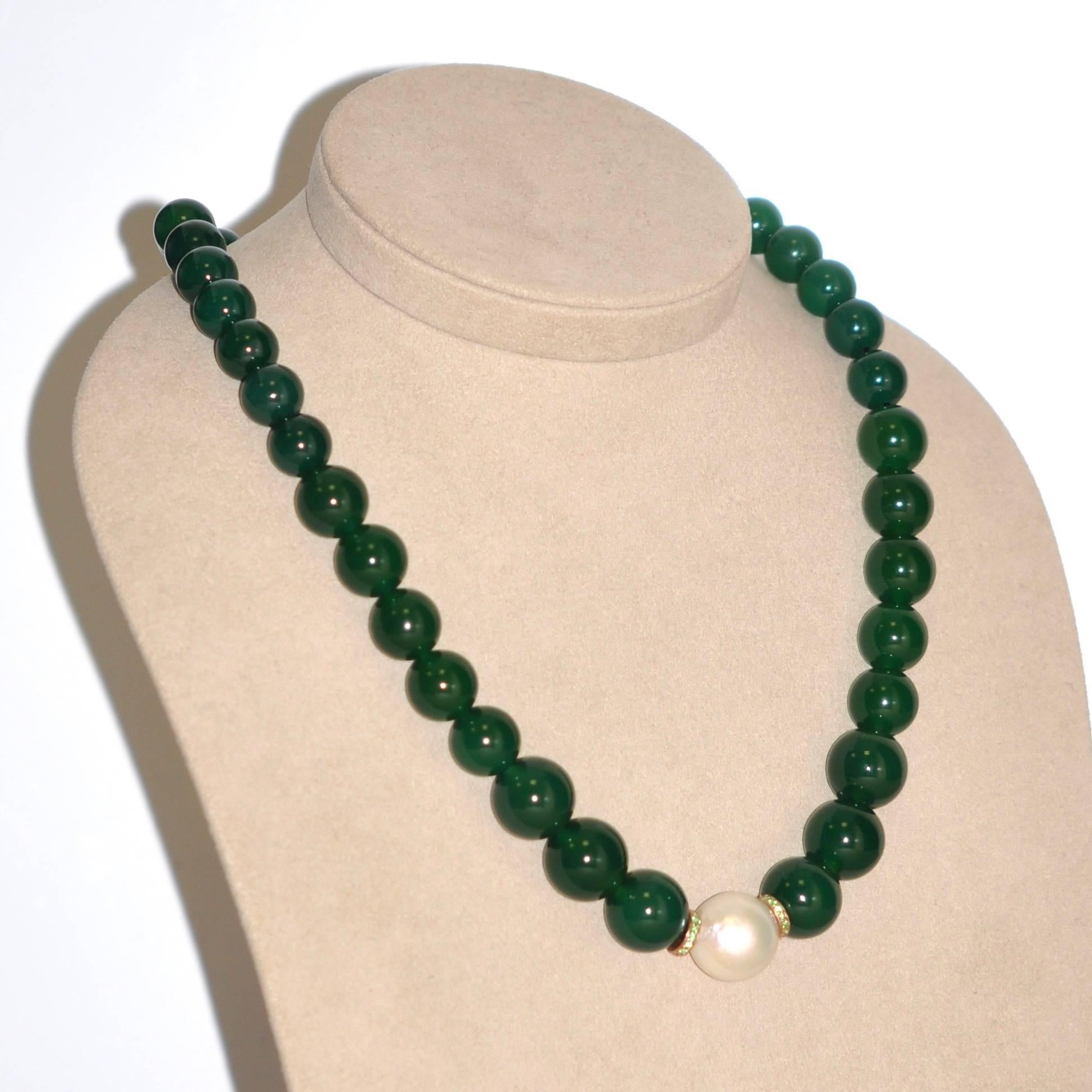 Women's Green Agates, Tsavorites and Freshwater Pearl on Rose Gold Beaded Necklace
