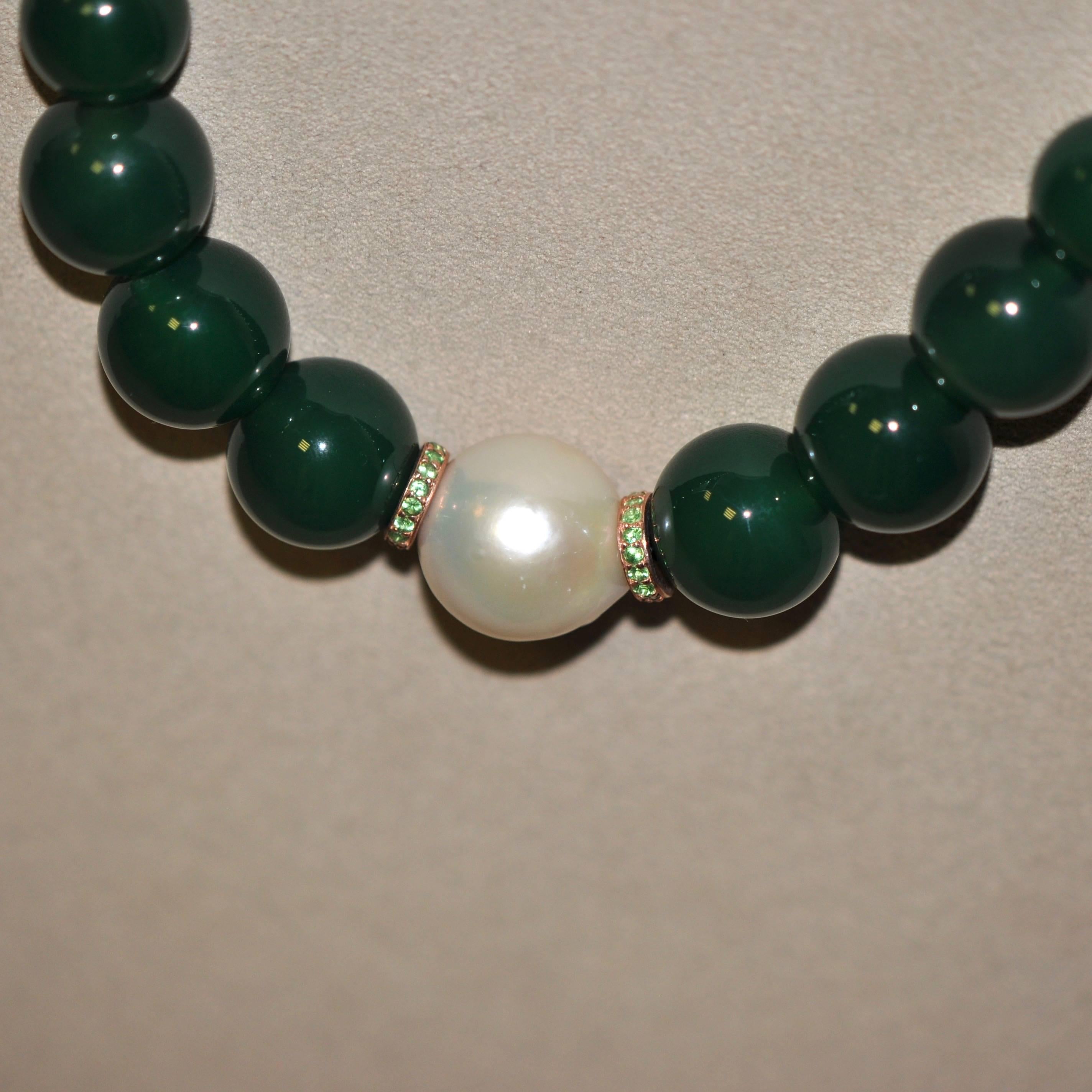 Green Agates, Tsavorites and Freshwater Pearl on Rose Gold Beaded Necklace 1