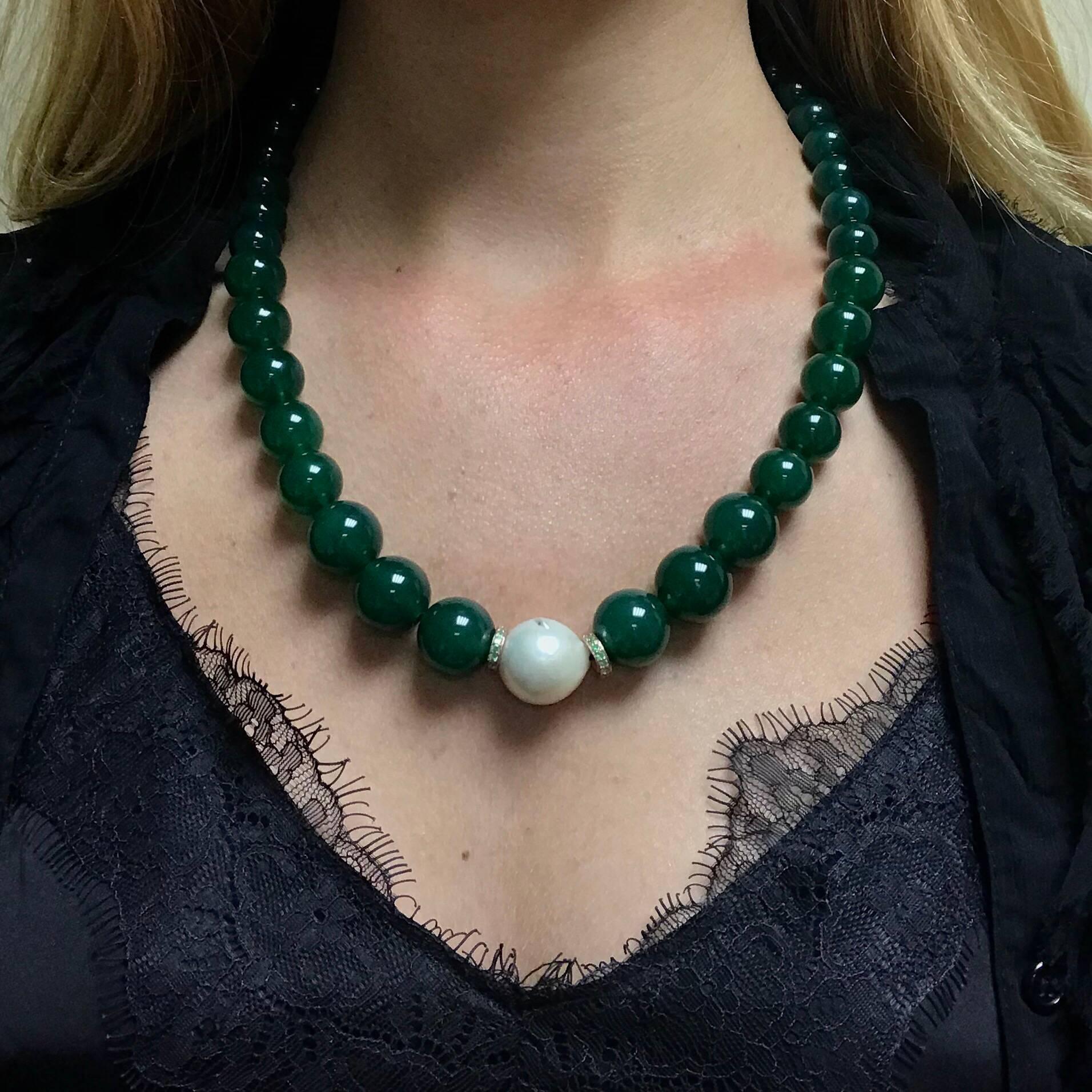 Green Agates, Tsavorites and Freshwater Pearl on Rose Gold Beaded Necklace 3