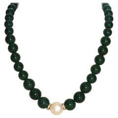 Green Agates, Tsavorites and Freshwater Pearl on Rose Gold Beaded Necklace