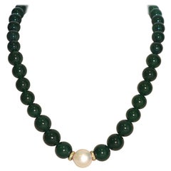 Green Agates, Tsavorites and Freshwater Pearl on Rose Gold Beaded Necklace