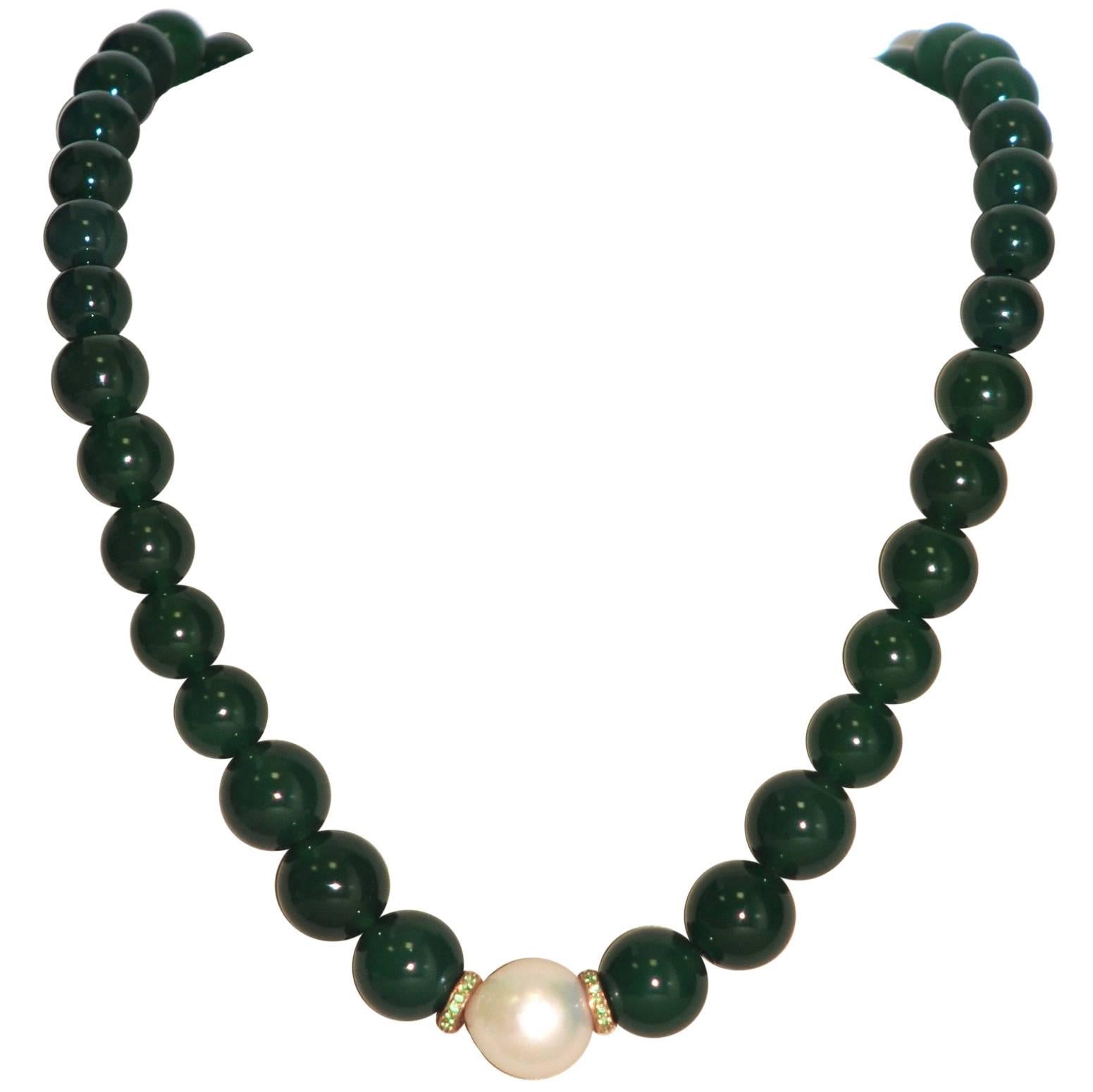 Green Agates, Tsavorites and Freshwater Pearl on Rose Gold Beaded Necklace