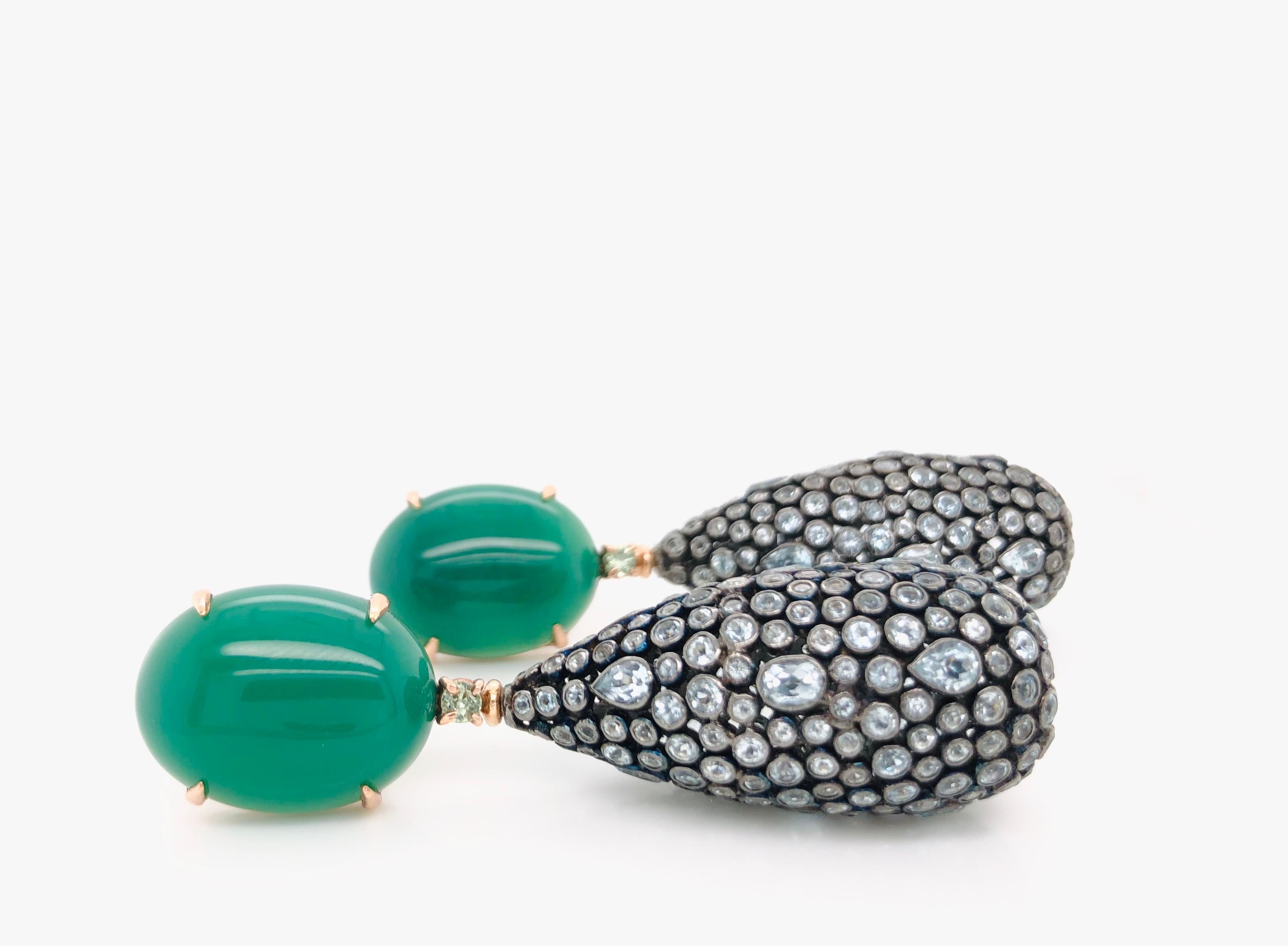 Contemporary Green Agathe, Green Sapphires and London Sky Topaz with Rose Gold Earrings