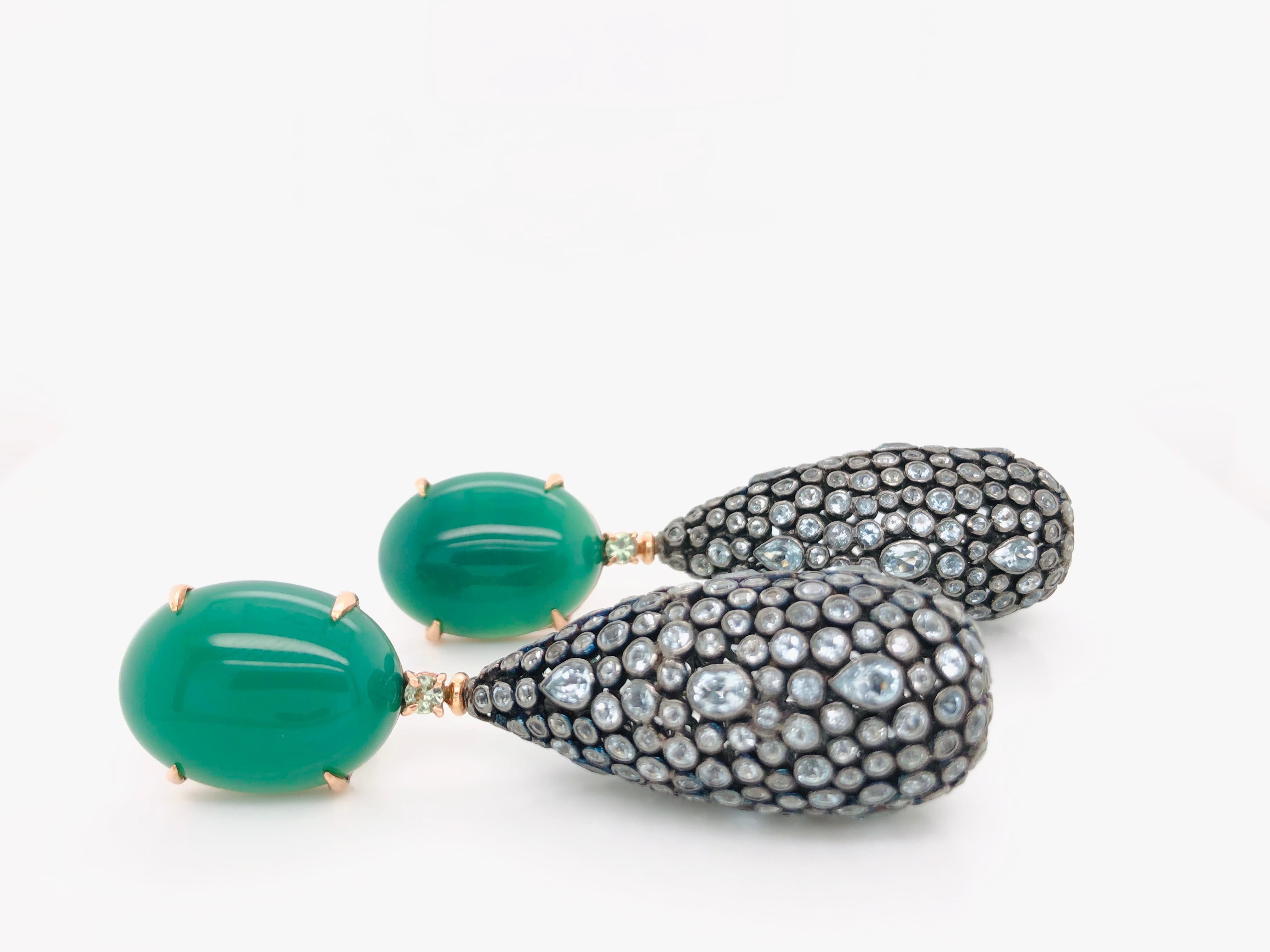 Women's Green Agathe, Green Sapphires and London Sky Topaz with Rose Gold Earrings